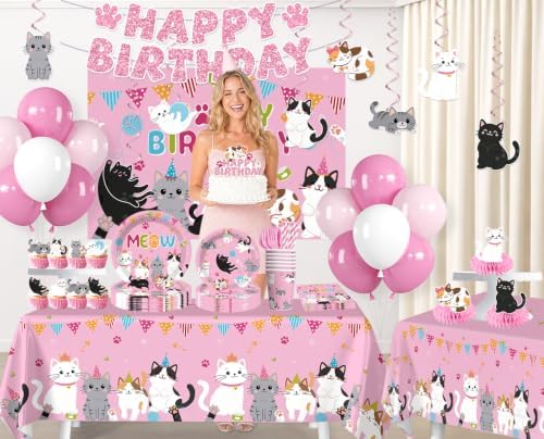214Pcs Cat Birthday Decorations Tableware Set, 25 Serves - Image 3