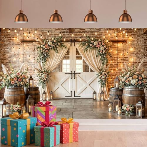 12X10Ft Country Wedding Photography Backdrop Brick Stone Wall Backdrop Photography Country Farmhouse Barn Door Floral Birthday Baby Shower Wedding Bridal Party Banner Photo Booth Props Background - Image 7