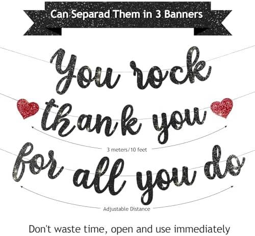 Pre-Strung You Rock Thank You For All You Do Banner - Glitter Employee Appreciation Decorations, Staff Teacher Nurse Recognition Party Supplies, Retirement Office Decor Sign, Large Cardstock Garland (Black) - Image 3