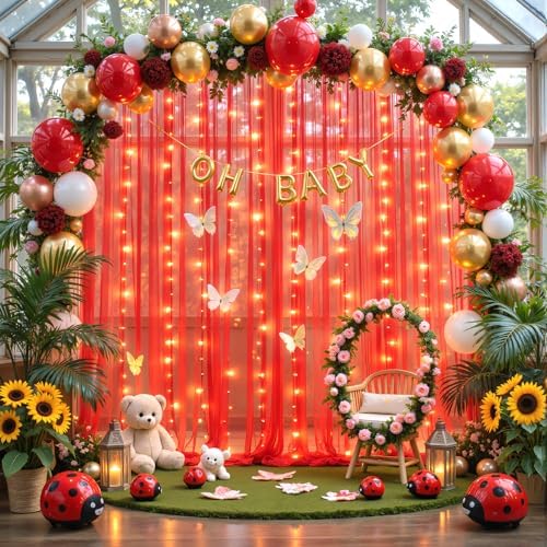 10ft x 10ft Red Tulle Photo Backdrop Curtain with Lights String for Christmas Party Red Sheer Curtain Backdrop Drapes for Birthday Party Wedding Holiday Photo Booth Background Home Room Decorations - Image 2