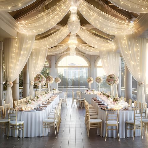 6 Panels Beige Ceiling Curtains with Lights for Weddings - 5ftx30ft Wrinkle-Free Tulle Fabric Wedding Arch Draping Ceiling Drapes Decorations for Wedding Party Ceremony Stage Tent Event - Image 6