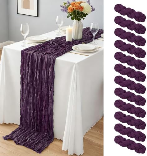 12 Pcs Dark Purple Cheesecloth Table Runner 10Ft, Gauze Table Runners 21.5 x 120 inch,Semi Sheer Cheese Cloth Fabric Runner Bulk for Wedding,Party,Baby Shower,Bridal Shower by Yemosa