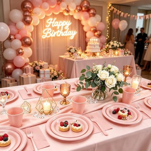 100 Guests Pink Plastic Plates Party Supplies for Wedding Birthday - Image 5