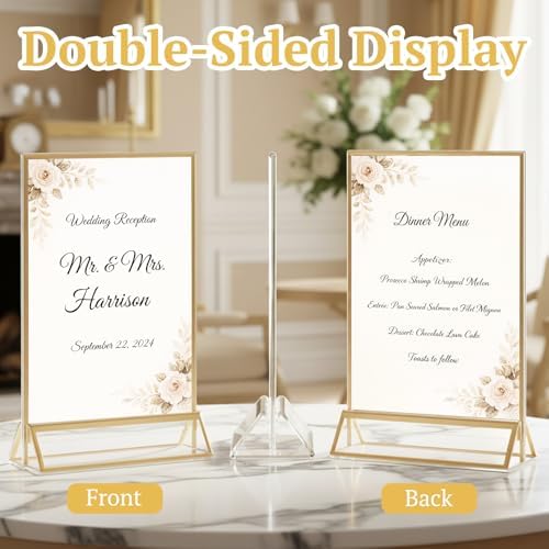EHWINE 6 Pack Acrylic Sign Holder 5 x 7, Double Sided Gold Picture Frame Stand up Table Top Sign Holders, Clear Display Stand Menu Flyer Holder for Wedding Party - Image 3