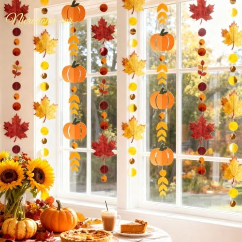 NICROHOME EUR 6PCS Fall Paper Garlands with Glitter Pumpkin Maple Leaves - Image 4