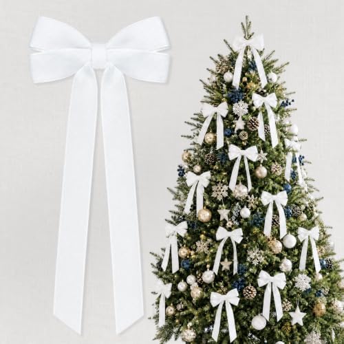 12Pcs White Velvet Ribbon Bows Christmas Tree Decorations,5in x 10in Xmas Ornaments for Tree Home Party Front Door Wreath Garland Holiday Decor by brand