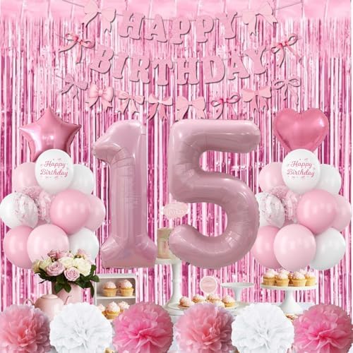 15th Birthday Decorations Girls Pink Number 15 Balloon Bow Coquette Party - Image 2