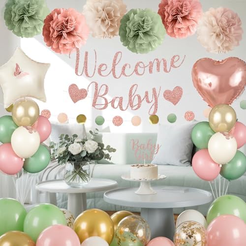 Baby in Bloom Baby Shower Decorations, Sage Green Dusty Blush Pink Gold Sand White Latex Confetti Balloons with Banner Cake Topper Pom Poms Tassel for Girls Boho Fairy Floral Birthday Party Decoration - Image 7