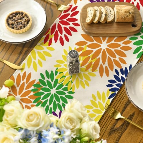 Artoid Mode Red Blue Green Dahlia Floral Pinnata Spring Table Runner, Seasonal Kitchen Dining Table Decoration for Home Party Decor 13x72 Inch - Image 4