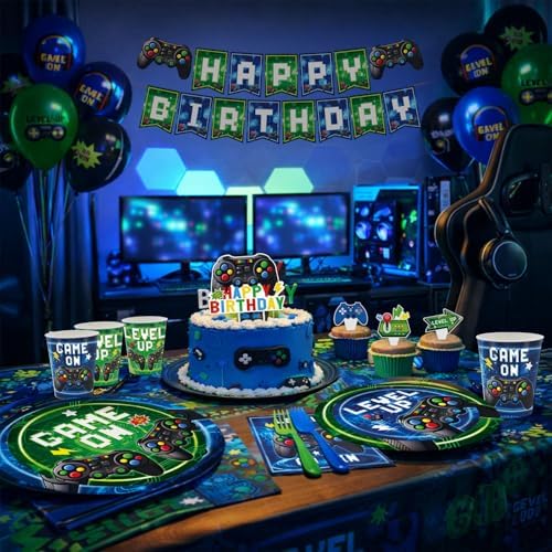 196 Pcs Video Game Party Decorations (Serves 24), gaming party decorations Include Banner Hanging Plates Napkins Cups Forks Knifes Tablecloth Topper Balloons for Boy Party - Image 6