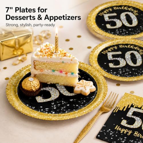 72 Pcs 50th Birthday Plates Napkins and Forks Set, 7 Inch, Back Gold - Image 4
