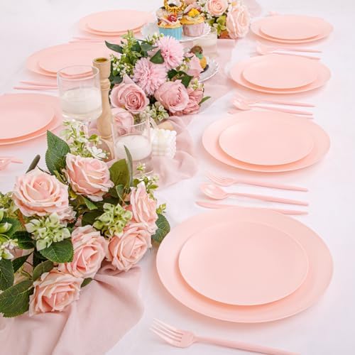 EjonirInjonir 150pcs Heavy Duty Pink Plastic Plates for Wedding Matte Set - Image 3