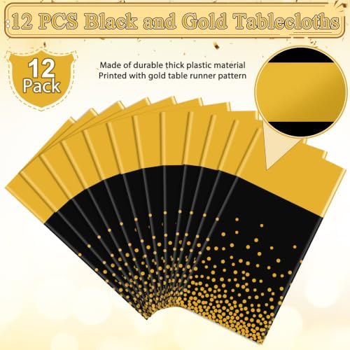 12Pcs Black and Gold Tablecloth Party Decorations,Plastic Black Table Cloth Printed Gold Table Runner Disposable Rectangle Table Cover for Birthday Retirement Anniversary Graduation Party,54 x108 Inch - Image 4