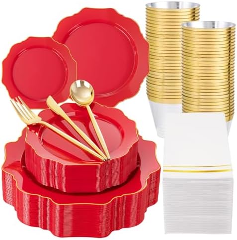 WDF 175Pcs Red Plates - Red Plastic Plates with Gold Rim - Fancy Disposable Dinnerware Sets Ideal for Party/Wedding/Christmas/Holidays by WDF