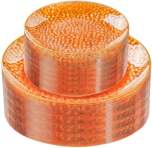 Rubtlamp 60Pcs Orange Plastic Plates, Orange Disposable Plates With Gold Rim, Hammered Plastic Plates Include 30 Dessert Platos, 30 Dinner Platos for Party by Rubtlamp