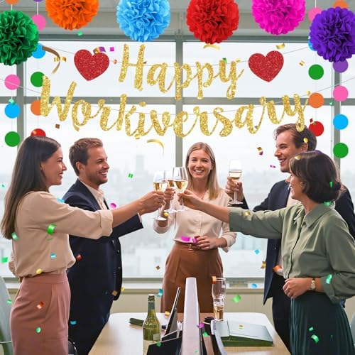 Happy Workiversary Party Decorations Colorful Glittery Work Anniversary Banner Hanging Swirls Paper Pompoms Circle Dots Garland for Men Women Office Employee Worker Appreciation Party Supplies - Image 6