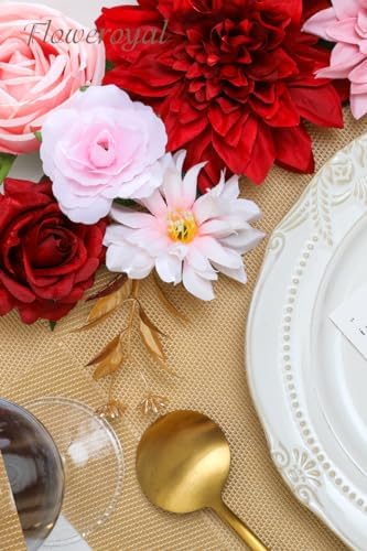 Floweroyal Artificial Flowers Combo Red Flowers Mix Silk Flowers Dahlia Roses with Stems for DIY Wedding Bridal Bouquets, Baby Shower, Floral Arrangement, Table Centerpieces, Home Decorations. - Image 5