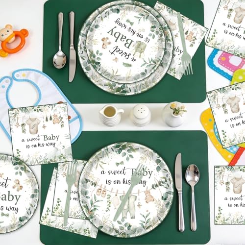 Baby Shower Tableware Set - 96 Pcs A Sweet Baby is on His Way Sage Green Baby Shower Plates Napkins Forks Decorations, Greency Party Dinnerware Supplies for Boys Serves 24 - Image 5