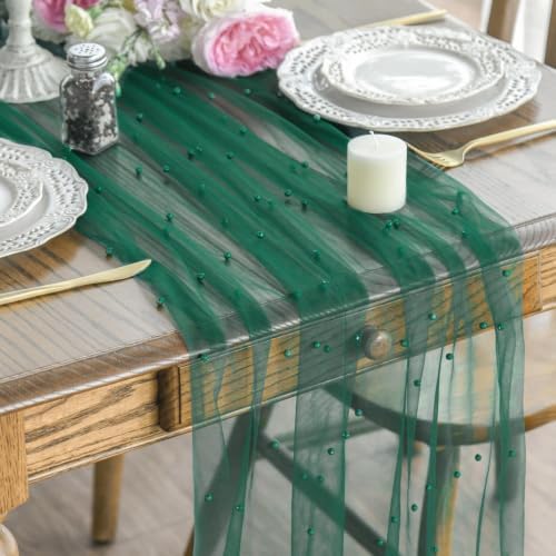 Artoid Mode Pearl Dark Green Gauze Table Runner 59x120 Inch , Seasonal Sheer Kitchen Dining Holiday Wedding Birthday Baby Shower Table Decor for Home Party by ArtoidMode
