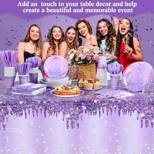 Funnymoom 452 Pcs Purple Glitter Birthday Party Decorations for 50, Purple Silver Paper Plate Napkin Cup Tablecloth Cutlery Straw Disposable Tableware for Women Birthday Wedding Bridal Shower Supplies - Image 5