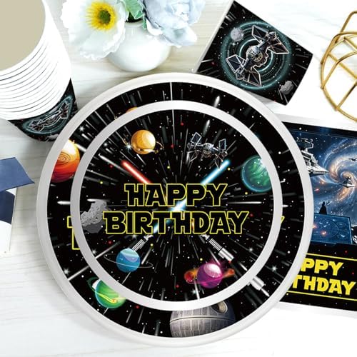140 Galaxy Wars Birthday Party Decorations, All-in-One Party Supplies Set with Banner, Plates, Cups, Napkins, Balloons, Tablecloth, Hanging Swirls Stickers,Cake Topper,Star Theme Party Tableware Kit - Image 6