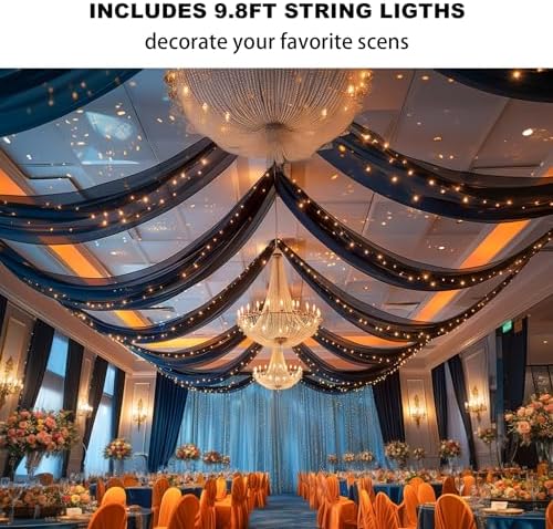 Black Ceiling Drapes with Lights String for Weddings, 6 Panels 5ftx10ft Sheer Tulle Backdrop Photo Background Drapes for Wedding Ceremony Birthday Party Arch Decoration - Image 3