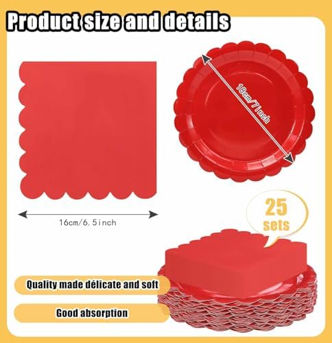 HEIPINIUYE 50 Pcs Red Paper Plates and Napkins Party Supplies Include 7'' Red Scalloped Plates and 6.5'' Paper Napkins Disposable Tableware Set for Dinner Wedding Birthday Party (Serves 25) - Image 3