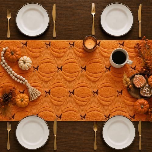 Fall Table Runner 13x72 Inch Soft Plush Faux Fur Jacquard Orange Pumpkin Table Runner, Seasonal Autumn Kitchen Dining Table Decoration for Home Party Decor ZR010C72 - Image 3