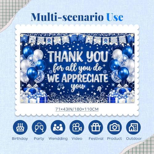 Appreciate You Banner Decorations, Blue Silver Thank You for All You Do Backdrop Banner, Reusable Anti-Tear Fabric Background with 6-Meter Hanging Rope, Office Employee Staff Teacher Appreciation Party Supplies 71x43Inch - Image 2