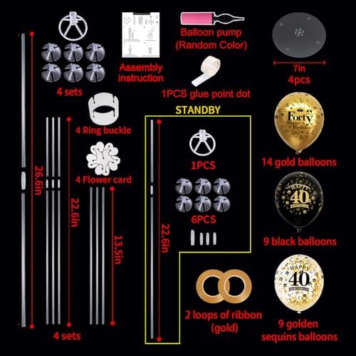 TONIFUL 4 Set Black Gold 40 Printed Balloon Stands for 40th Birthday Decor - Image 2
