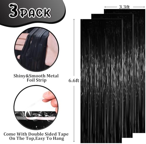 Voircoloria Foil Fringe Backdrop Curtains, 3.3x6.6ft,Black, 3pcs - Image 3