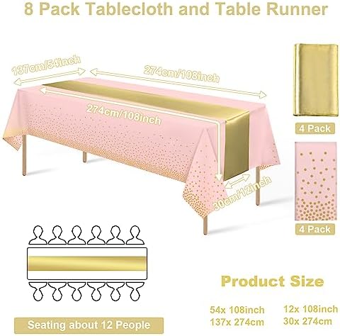 8Pack Disposable Plastic Tablecloths and Satin Table Runner Set Pink and Gold Dot Tablecloth Gold Satin Table Runner for Wedding Birthday Baby Shower Anniversary Christmas New Year Party Supplies - Image 2
