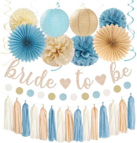 Light-Dusty Blue Beige-Champagne Bridal-Shower Party-Decorations - 31pcs Bride to Be Banner,Boho Neutral Bachelorette Paper Lanterns,Wedding Garland,Tissue Pom Poms Flower Fan Decor Supplies Burgleda by Burgleda