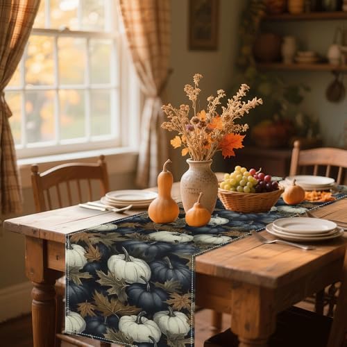 Fall Thanksgiving Table Runner 13x72 Inch by Mode - Pumpkin & Eucalyptus Print, Stylish Home Kitchen Dining Party Decoration - Image 4