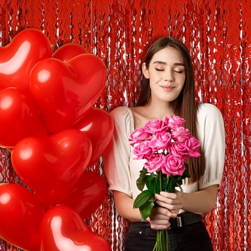 BOMSI Red Tinsel Foil Fringe Curtains Wavy Backdrop for Parties Sparkle Metallic Wavy Foil Fringe Backdrop Curtain for Party Decorations Photo Booth Props Birthday Graduation Wedding Valentines Decor - Image 4