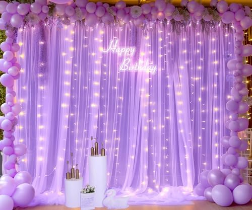 Lavender Tulle Photo Backdrop Curtain with Lights String for Parties Wedding Bridal Shower Sheer Lavender Curtain Backdrop for Birthday Baby Shower Photo Booth Photography 10ft x 8ft - Image 4