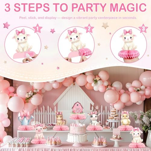 12 Pcs Pink Farm Baby Shower Decorations for Girl - Girl Farm Baby Shower Centerpieces for Tables - Pink Farm Animals Honeycomb Table Decor with Barn Cow Pig for Girl Baby Shower 1st Birthday - Image 3