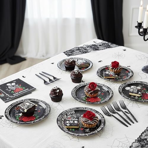 96Pcs Dark Romance Book Lover Skull Rose Black Gothic Party Plates Supplies Tableware Decorations Disposable Paper Plates Napkins Forks for Birthday, Serves 24 - Image 6
