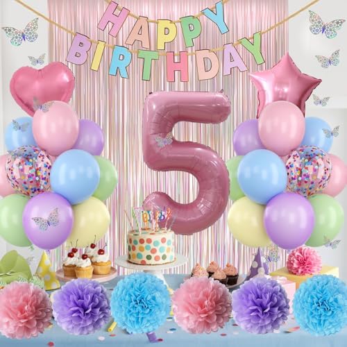 Pastel 5th Birthday Colorful Party Decorations Girls Pink Number 5 Balloon - Image 5