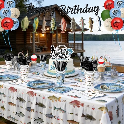 Fishing Birthday Party Decorations - Plates, Napkins, Cups, Cutlery, Honeycomb Centerpieces, Banner, Hanging Swirls, Tablecloths, Toppers, Balloons for Ofishally One Birthday Decorations, Serves 24 - Image 6