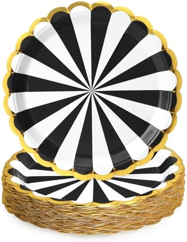 50 Pcs Black Party Paper Plates with Gold Scalloped Edge, Black Disposable 9 inch Scalloped Paper Dessert Plates Party Supplies for Birthday Bridal Shower Picnic, Striped by WelcometoUVTQSSP