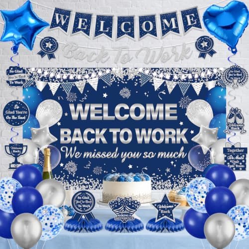 27pcs Welcome Back to Work Decorations Office Blue Silver Welcome Back to Work Banner Balloons We Missed You So Much Backdrop Hanging Swirls Table Centerpieces Foil Balloons for Back to Work Office - Image 6