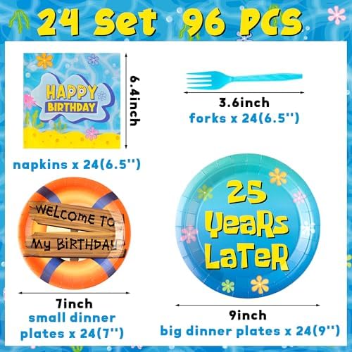GaofanWai Ocean Yellow 25th Birthday Tableware - 96PCS Pineapple Party Paper Plate Set for Adult, 25 Years Later Ocean Sea Disposable Dinnerware Paper Napkin Fork for Yellow Birthday Party Decorations - Image 2
