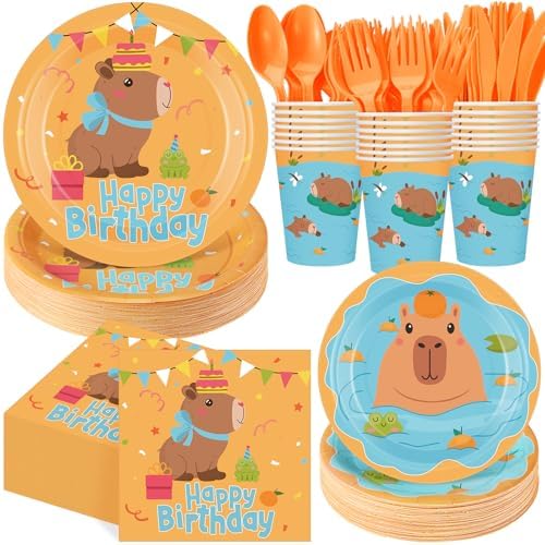 Pickmesh 400 Pcs Party Supplies Disposable Paper Plates Napkins and Cups Decorations for Men Women(Happy Capybara Birthday,Orange Green) by Pickmesh