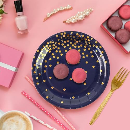 75PCS Blue and Gold Paper Plates and Napkins Party Supplies Blue Gold Dessert Plates Navyblue Napkins Disposable Paper Tableware Set for Birthday Retirement Baby Shower Parties Decor Serves 25 - Image 5