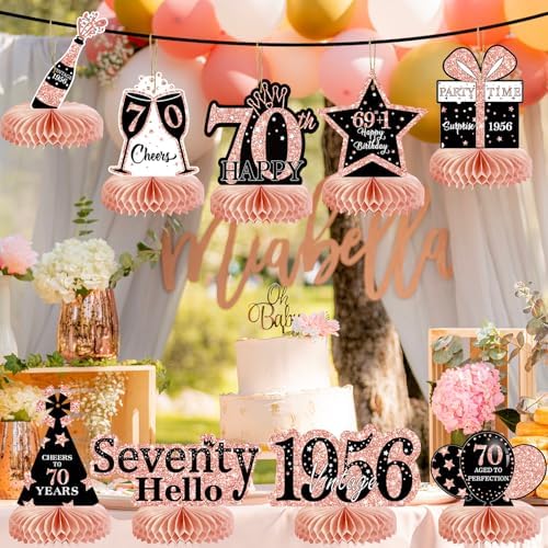 9Pcs 70th Birthday Decorations Honeycomb Centerpieces for Women, Rose Gold Pink Happy 70th Birthday Centerpieces Tables Toppers Party Decorations Supplies, Vintage 1956 Aged Table Sign Decor - Image 5