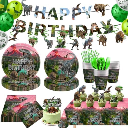 Dinosaur Party Decorations Plates Napkins Dino World Birthday Supplies Tableware Set Include Plates, Napkins, Cups, Forks, Straws, Balloon, Banner, Cake topper, Tablecloth for Serve 20 by Unknown
