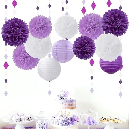 Purple-White Lavender Party Decorations Paper Flowers Lanterns - 15PCS Birthday Graduation Tissue Pom Poms Streamers, Baby Bridal Shower Wedding Retirement Bachelorette Hanging Supplies Decor Hugfond - Image 2