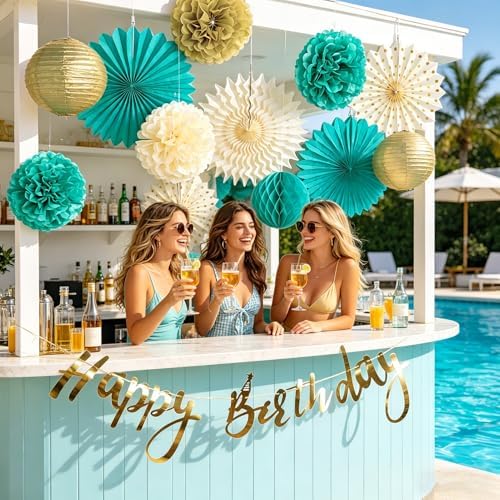 SUNBEAUTY Teal and Gold Party Decorations Teal Birthday Decorations for Women Teal Blue Hanging Paper Fans Tissue Pom Poms Happy Birthday Banner for Baby Showers Wedding Engagement Party - Image 2