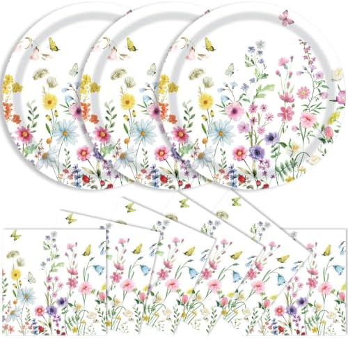 40 Pcs Wildflower Plates and Napkins Set, Large 9 Inch Floral Plates by KFJBPB